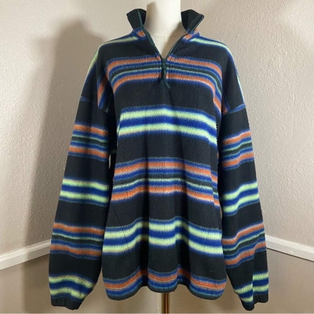 Bugle Boy Vintage Black Fleece Zip Collar Sweatshirt Size Medium Stripes